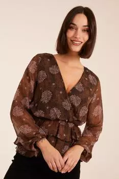 Блузка с цветочным принтом и рюшами Blue Vanilla, коричневый