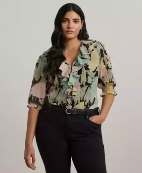 Блузка с цветочным принтом и рюшами из жоржета, plus size Lauren Ralph Lauren, черный
