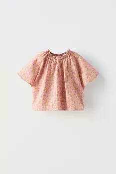 Блузка с цветочным рисунком и пуговицей ZARA, розовый
