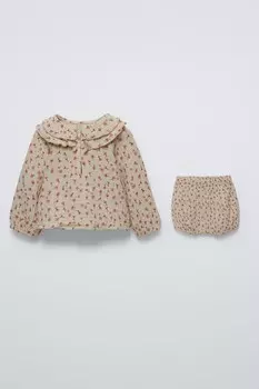 Блузка с цветочным узором и шорты-бермуды ZARA, бежевый