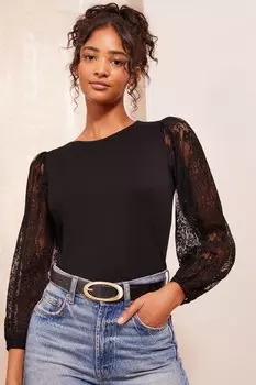 Блузка с длинным рукавом из атласного кружева Friends Like These, черный