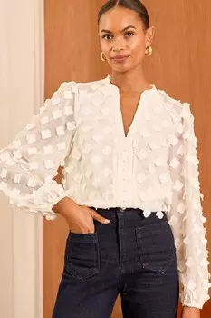 Блузка с длинными рукавами и 3D цветочным принтом и V образным вырезом Love & Roses, белый