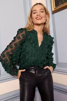 Блузка с длинными рукавами и 3D цветочным принтом и V образным вырезом Love & Roses, зеленый