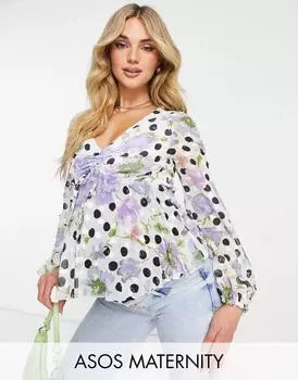 Блузка с длинными рукавами и цветочным принтом в горошек ASOS Maternity, со сборками спереди и плиссированной баской по низу