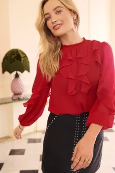 Блузка с длинными рукавами и оборками, круглым вырезом Love & Roses, красный