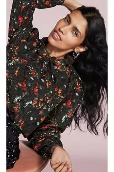 Блузка с длинными рукавами и рюшами Next, черный