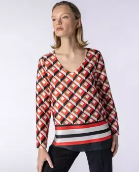 Блузка с длинными рукавами и V-образным вырезом с геометрическим принтом Naulover, красный