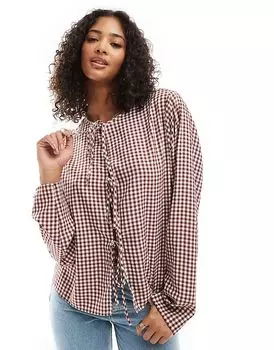 Блузка с длинными рукавами и завязкой спереди в бордовую клетку ASOS DESIGN