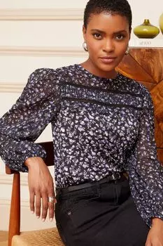 Блузка с длинными рукавами из трикотажа в горошек Love & Roses, черный