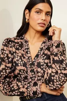 Блузка с длинными рукавами V-образным вырезом и рюшами Love & Roses, черный