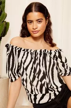 Блузка с фактурным трикотажным принтом «зебра» с вырезом «бардо» Friends Like These, черный