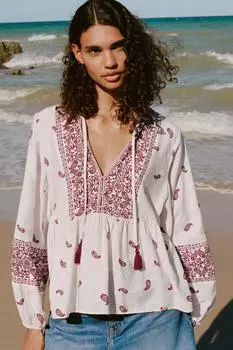 Блузка с кисточками и принтом ZARA, цвет bordeaux/ecru