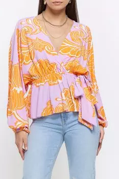 Блузка с конвертом спереди и цветочными мотивами River Island, фиолетовый