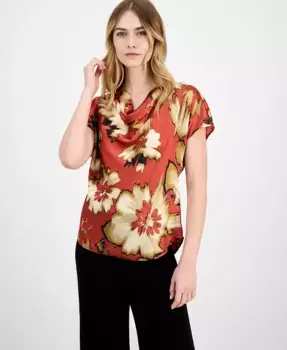 Блузка с коротким рукавом и драпированным воротником Petite Anne Klein, красный