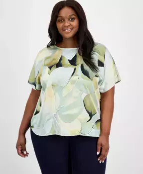 Блузка с коротким рукавом и принтом, с вырезом лодочка, plus size Anne Klein, зеленый
