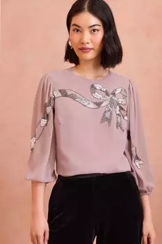 Блузка с короткими рукавами и бантом из пайеток Love & Roses, розовый