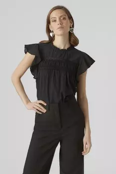 Блузка с короткими рукавами с кружевом и точечной текстурой Vero Moda, черный