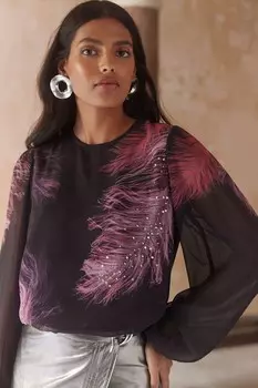 Блузка с круглым вырезом и расклешенными рукавами, украшенная перьями Love & Roses, красный