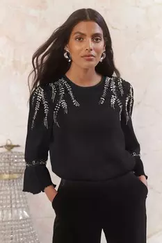 Блузка с круглым вырезом и рукавами фонариками Love & Roses, черный