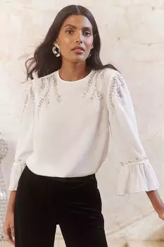 Блузка с круглым вырезом и рукавами фонариками Love & Roses, белый