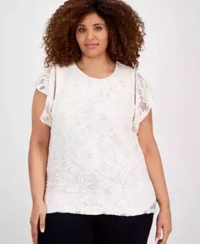 Блузка с кружевной накладкой и рукавами-крылышками Plus Size Anne Klein, белый