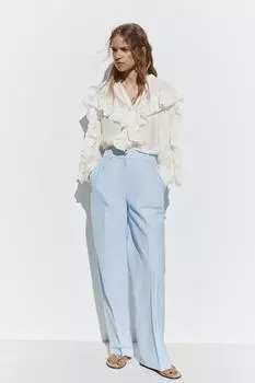 Блузка с кружевной отделкой и рюшами ZARA, устрично-белый