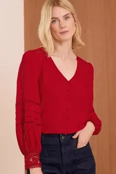 Блузка с кружевными манжетами и v образным вырезом Love & Roses, красный