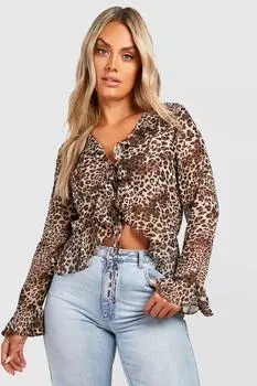 Блузка с леопардовым принтом, завязкой передней обрюкой по поду Boohoo, коричневый