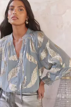 Блузка с металлизированными манжетами и сборками Love & Roses, серый