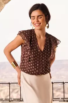 Блузка с металлизированными рюшами и v-образным вырезом завязывающаяся на спине Love & Roses, коричневый