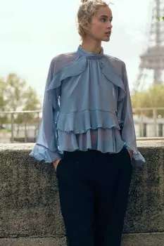 Блузка с оборками ZARA, синий/серый