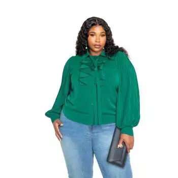 Блузка с плиссированными рукавами, водопадной оборкой и бантом FASHNZFAB, цвет forrest green