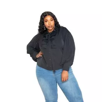 Блузка с плиссированными рукавами, водопадной оборкой и бантом FASHNZFAB, черный