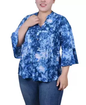 Блузка с плиссировкой спереди и V-образным вырезом Plus Size NY Collection, мультиколор
