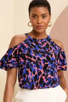 Блузка с принтом и открытыми плечами Love & Roses, синий