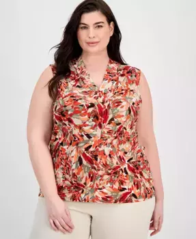 Блузка с принтом и плиссированной горловиной Plus Size Kasper, белый