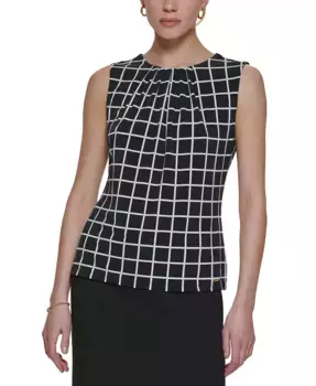 Блузка с принтом и плиссированной горловиной, размеры Regular и Petite Calvin Klein, черный