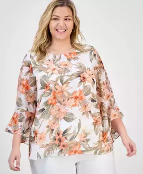 Блузка с принтом и расклешенными рукавами Plus Size Kasper, белый