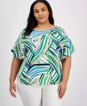 Блузка с принтом и расклешенными рукавами Plus Size Anne Klein, белый