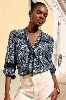 Блузка с принтом и рукавами 3/4 с кружевом Love & Roses, синий