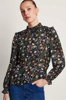 Блузка с принтом и рюшами Monsoon, черный
