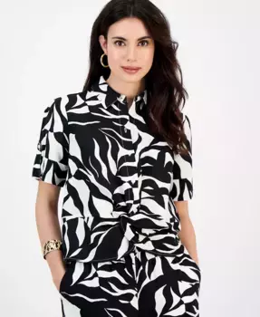 Блузка с принтом и скрученным передом из смесового льна, миниатюрный размер I.N.C. International Concepts, мультиколор