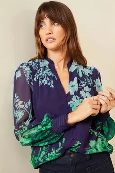 Блузка с принтом и вырезом в горловине Love & Roses, синий