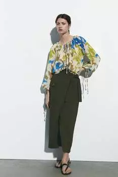 Блузка с принтом с завязкой ZARA, разноцветный