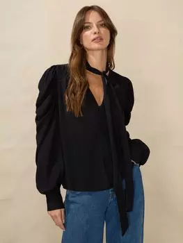 Блузка с пышными рукавами и завязками на воротнике Ro&Zo, черный