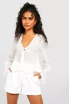Блузка с расклешенными манжетами и завязком на баске Boohoo, белый