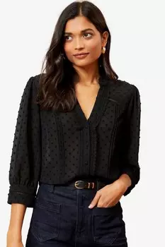 Блузка с рукавами 3/4, застегивающаяся на пуговицы, с кружевной отделкой в горошек от Dobby Love & Roses, черный