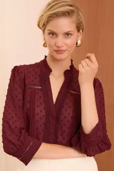 Блузка с рукавами 3/4, застегивающаяся на пуговицы, с кружевной отделкой в горошек от Dobby Love & Roses, красный