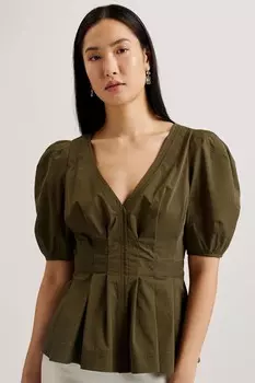 Блузка с рукавами-буфами и декоративной строчкой Ted Baker, зеленый