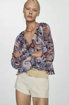 Блузка с узором «пейсли» и складками Mango, пастельно-голубой, коричневый, бледно-розовый